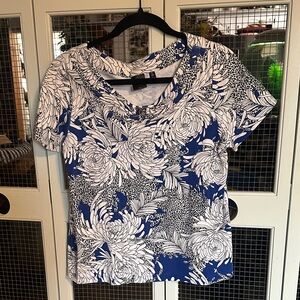 Rafaella Navy and White Floral Short Sleeve Top